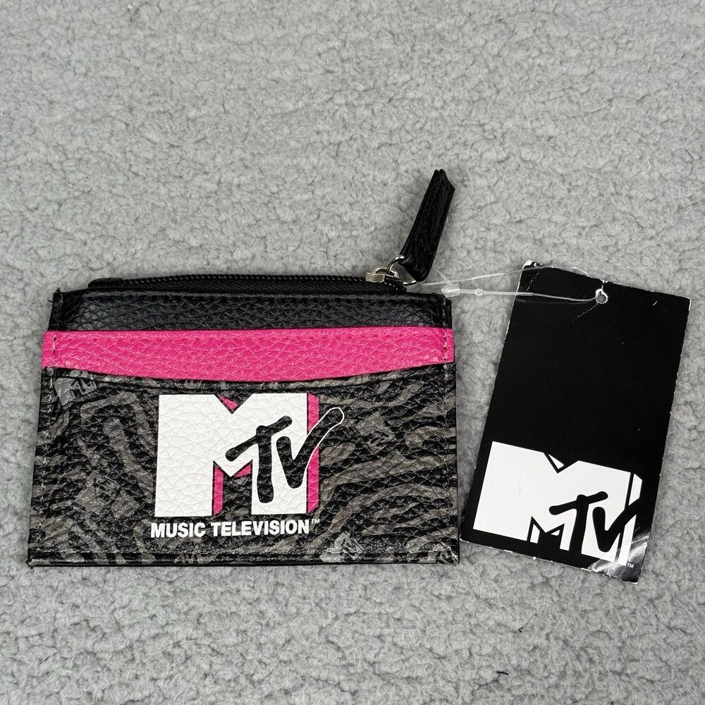 MTV Music Television Zip Card Wallet Coin Pouch Black Pink Retro 90s Logo NWT